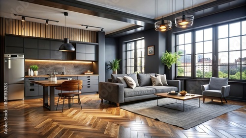 Elegant studio apartment in loft style with dark color scheme, flexible layout