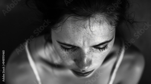 A black and white photograph of a woman with her eyes shut, providing a moment of serenity