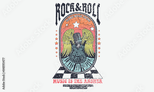 Eagle wing vector t-shirt design. Freedom music tour. Free spirit vintage artwork. Music festival artwork.