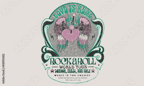 Love is real. Heart with knife artwork, Eagle wing vector t-shirt design. America eagle rock and roll poster design. Music festival artwork. Rose. Freedom music tour. Free spirit vintage artwork.