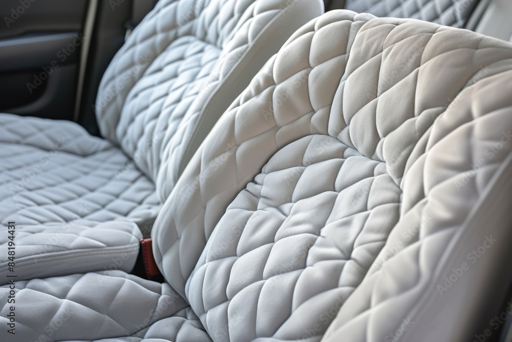 Fototapeta premium A close-up of a car seat covered in a soft blanket, ideal for use in travel or family scenes