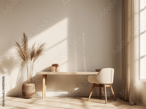 Experience the simplicity of a minimal-style interior room with a working desk in this 3D render