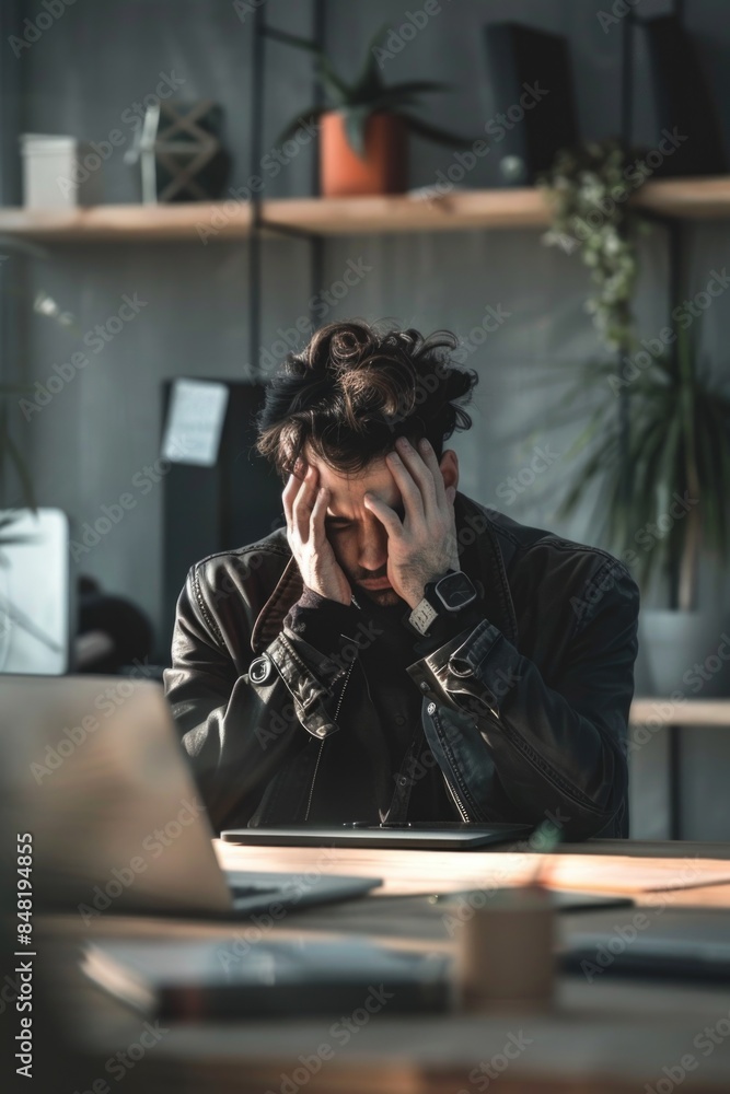A person overwhelmed by tasks, sitting at a desk with their head in their hands A person overwhelmed by tasks, sitting at a desk with their head in their hands