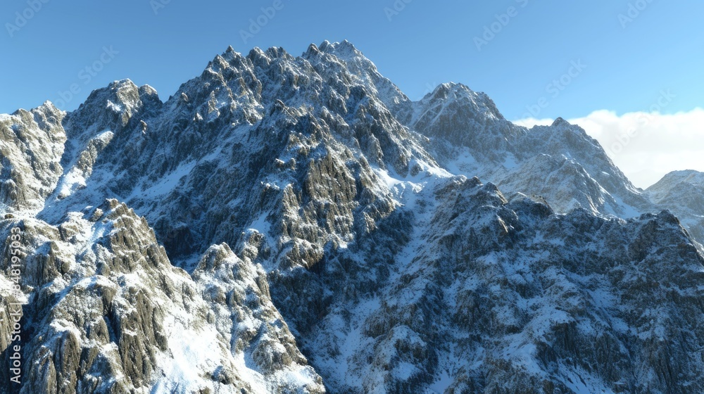 Sunny mountain landscape with snow-covered peaks and lush greenery