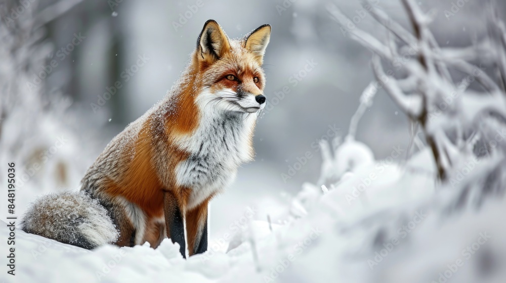 A red fox sits in the snowy woods, looking out into the distance A red fox sits in the snowy woods, looking out into the distance