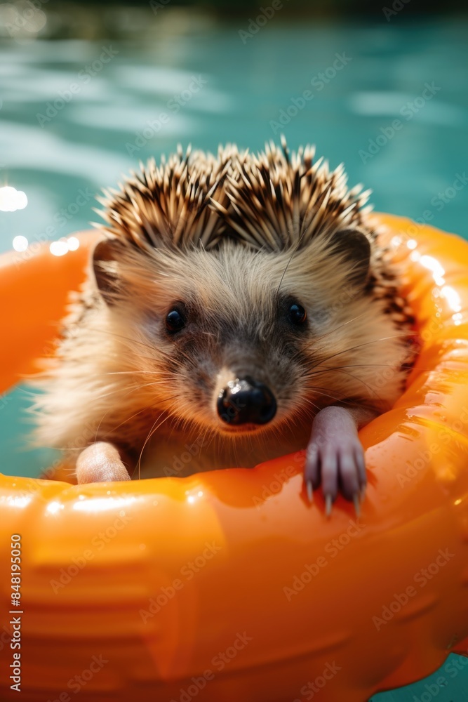 Fototapeta premium A hedge surrounded by an orange life preserver in a pool