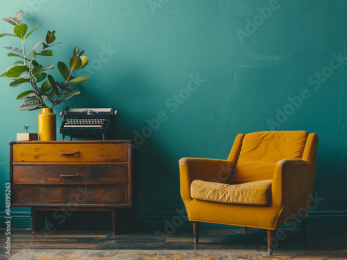 Dark designer living room Modern yellow armchair, retro typewriter