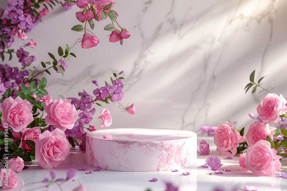 Garden rose floral summer background podium Garden rose floral summer background podium