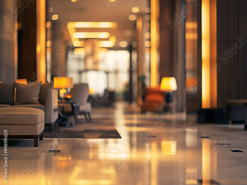 The blurred setting of a hotel lobby creates an abstract background