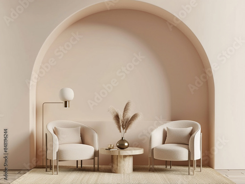 Symmetrical armchairs, simple coffee table Living room design in 3D