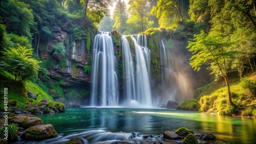 Amazing view of a majestic waterfall in a lush forest setting, waterfall, forest, nature, scenic, landscape, cascade