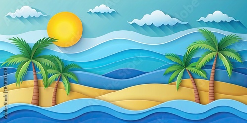 Paper cut tropical beach scene with blue wavy ocean, palm trees and yellow sun , paper cut, tropical, beach, ocean