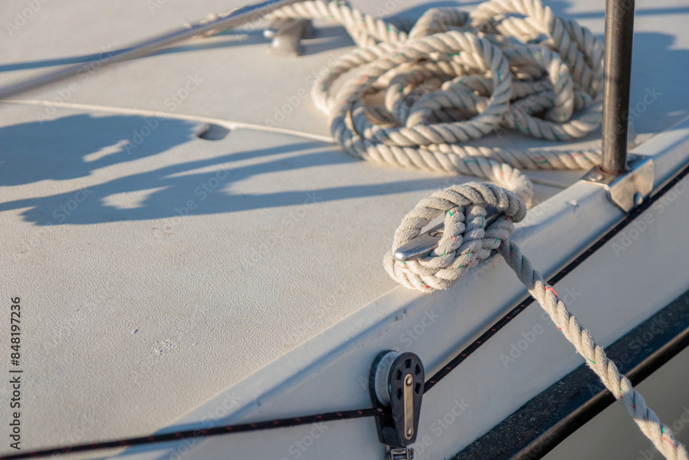 Fototapeta premium White rope tied to the mooring cleat of a sailboat, sunny light