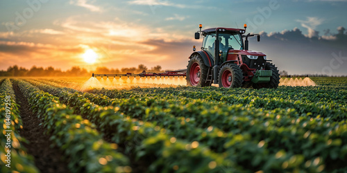 A tractor sprays crops in a field at sunrise.