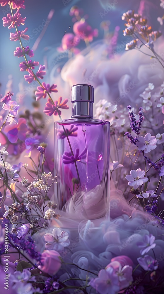 Purple Perfume Bottle Among Colorful Flowers Purple Perfume Bottle Among Colorful Flowers