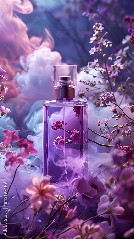 Purple perfume bottle in dreamy floral scene Purple perfume bottle in dreamy floral scene