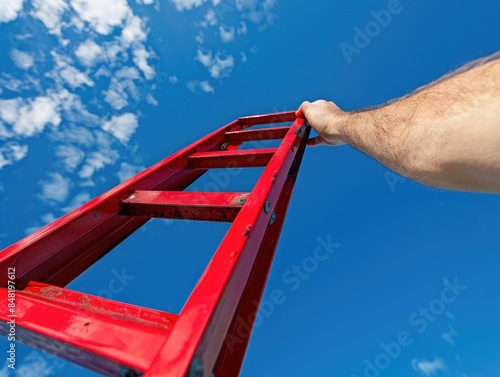 A person's hand is seen reaching up to a bright red ladder, possibly in search of help or support