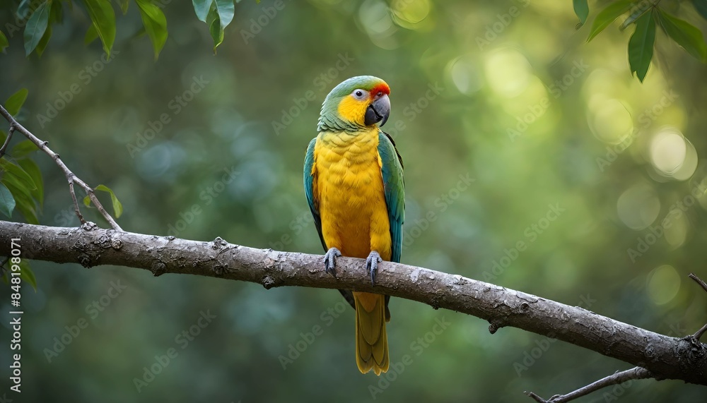 A single Parrots bird perched on a tree branch with a natural, textured appearance. The background is blurred with a bokeh effect, emphasizing the bird and branch while softening the surroundings. A single Parrots bird perched on a tree branch with a natural, textured appearance. The background is blurred with a bokeh effect, emphasizing the bird and branch while softening the surroundings.