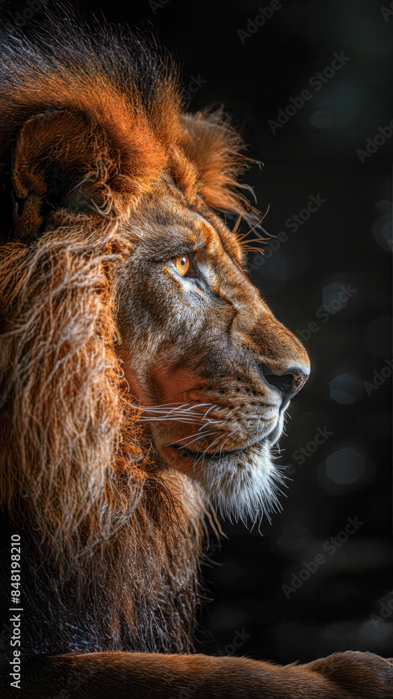 Naklejka premium Majestic lion in profile against dark background