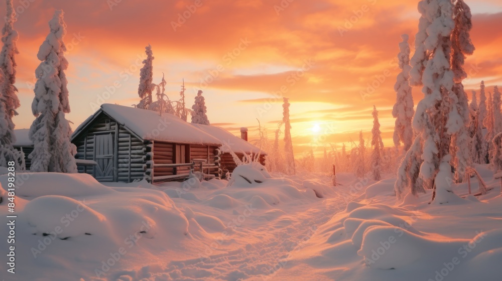 A cozy cabin surrounded by snow-covered trees in a serene winter forest A cozy cabin surrounded by snow-covered trees in a serene winter forest