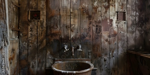 Dirty rural bathroom with running faucets and waterstained walls in the backwoods. Concept Abandoned, Rural Setting, Old Plumbing, Decaying Interior, Neglected Property
