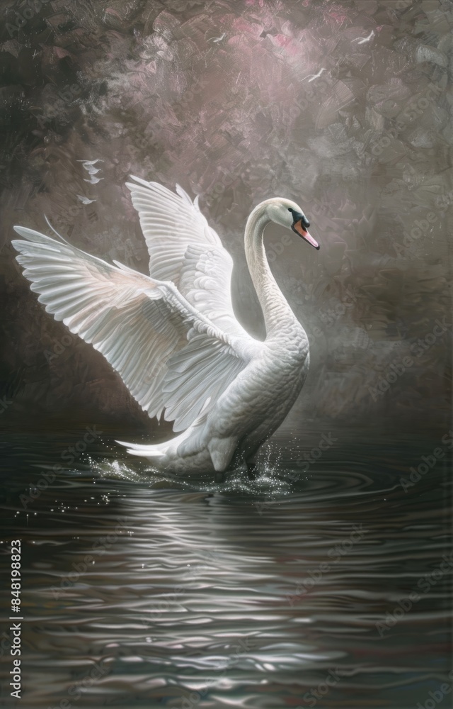 Fototapeta premium white swan in a pond with pink flower