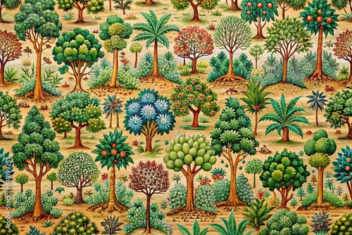 Rajasthani miniature painting featuring a Jungle seamless pattern with trees , Indian, traditional, Jaipur photo