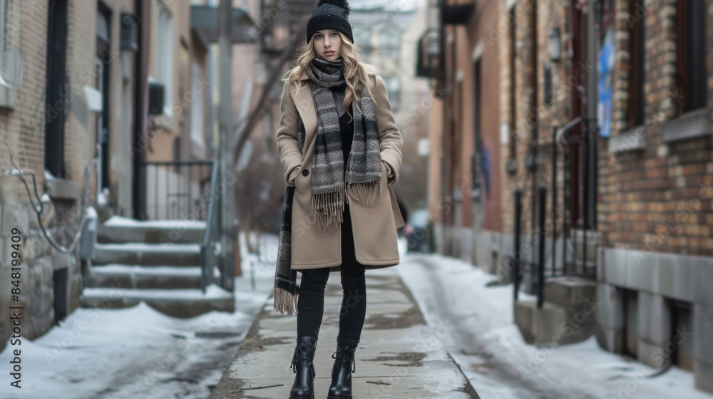 Chic winter outfit with a long coat, scarf, and boots