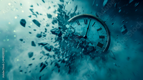 Shattered, destroyed old clock on blue background, concept of deadline and time running out photo