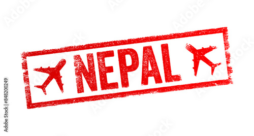 Nepal - is a landlocked country in South Asia, text emblem stamp with airplane
