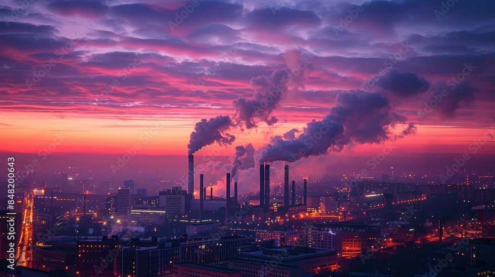 Cityscape at Sunset with Industrial Smoke