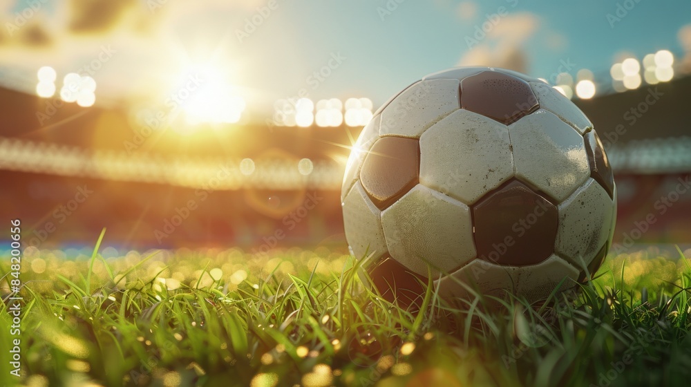 Fototapeta premium Soccer ball on the grass in front of stadium with blurred fans, sunlight and bokeh effect.