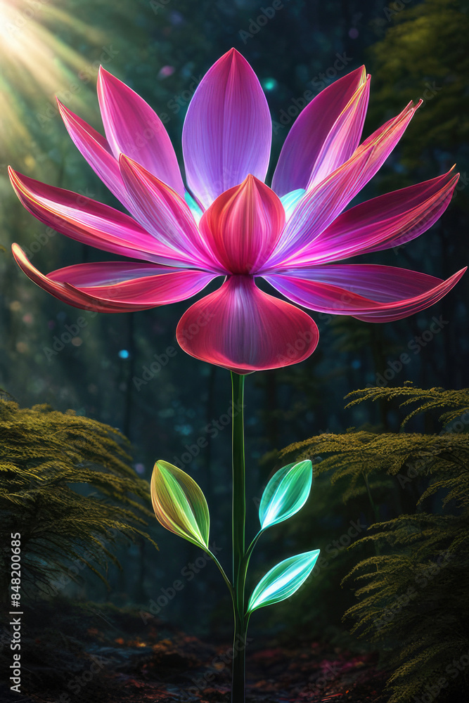 Fototapeta premium Generative AI beautiful fantasy flower plant with glowing light, luminous and realistic flowers. Each petal emits a mesmerizing, enchanting flower atmosphere magical floral, Gorgeous mystical Floral