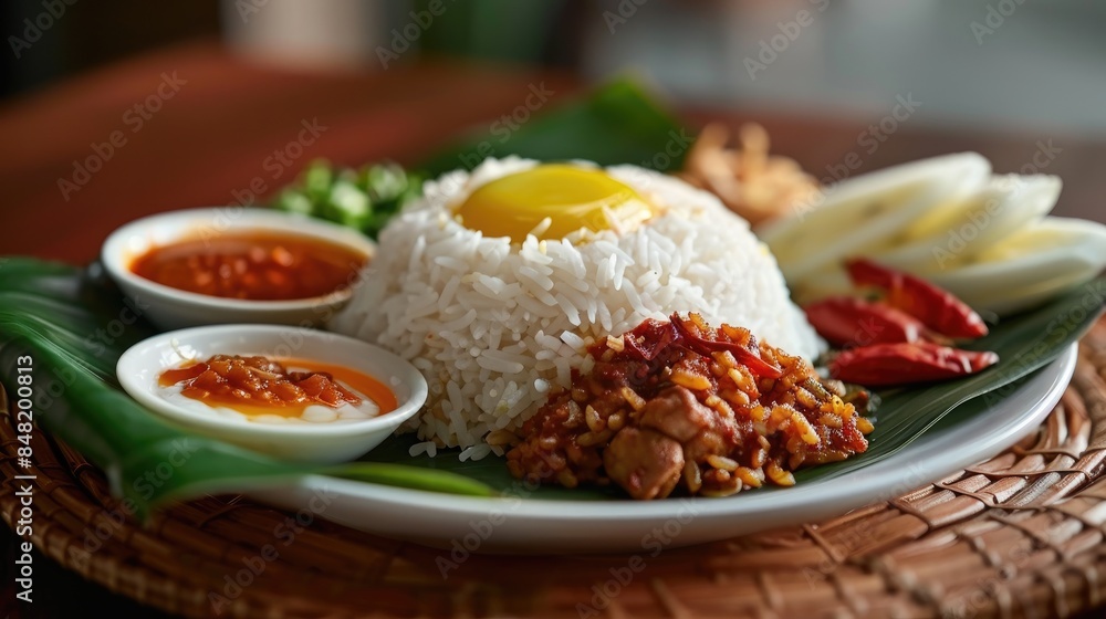 Traditional Malay spicy rice dish known as Nasi Lemak served on banana leaf plate Traditional Malay spicy rice dish known as Nasi Lemak served on banana leaf plate