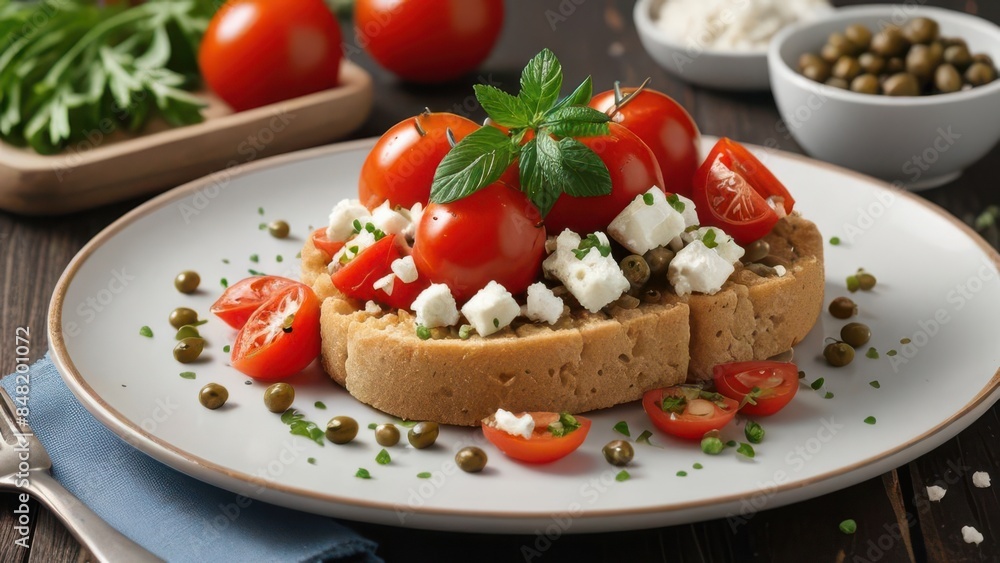 A plate featuring traditional Greek Dakos: barley rusk topped with chopped tomatoes, crumbled feta cheese, capers, and olive oil, garnished with fresh herbs. A plate featuring traditional Greek Dakos: barley rusk topped with chopped tomatoes, crumbled feta cheese, capers, and olive oil, garnished with fresh herbs.