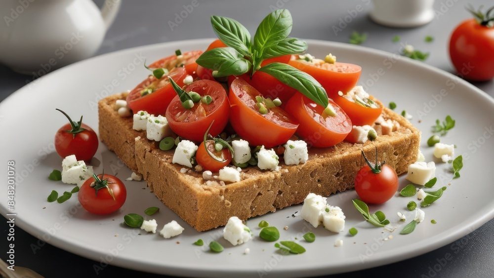 A plate featuring traditional Greek Dakos: barley rusk topped with chopped tomatoes, crumbled feta cheese, capers, and olive oil, garnished with fresh herbs.