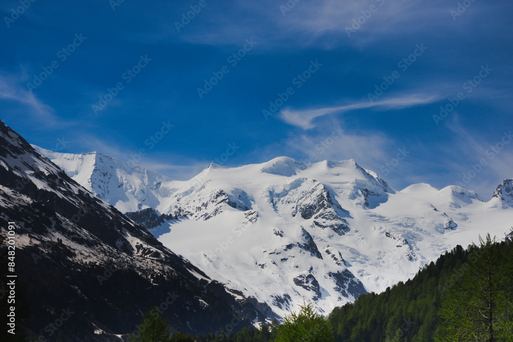Swiss Alps with the peaks of Bellavista and Piz Zupò seen from Morteratsch Valley - Bernina range, Switzerland Swiss Alps with the peaks of Bellavista and Piz Zupò seen from Morteratsch Valley - Bernina range, Switzerland