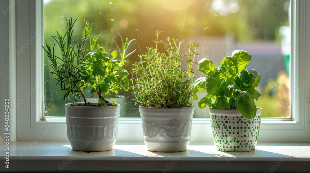 Fototapeta premium DIY herb garden in pots on a kitchen windowsill