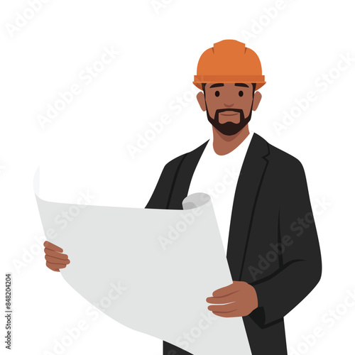 Young architect builder studying layout plan of the rooms. Flat vector illustration isolated on white background