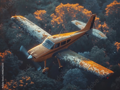orange propeller monoplane aircraft glides above misty mountain forest in evening sunset with moss