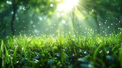 Green grass, thin blades of grass, sunlight coming through the blades, beautiful Tyndall light