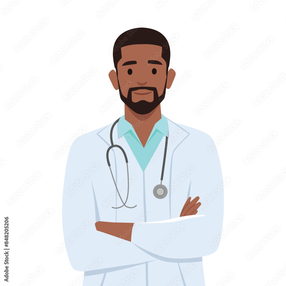 Young doctors in white medical coats standing with arms folded. Flat vector illustration isolated on white background Young doctors in white medical coats standing with arms folded. Flat vector illustration isolated on white background