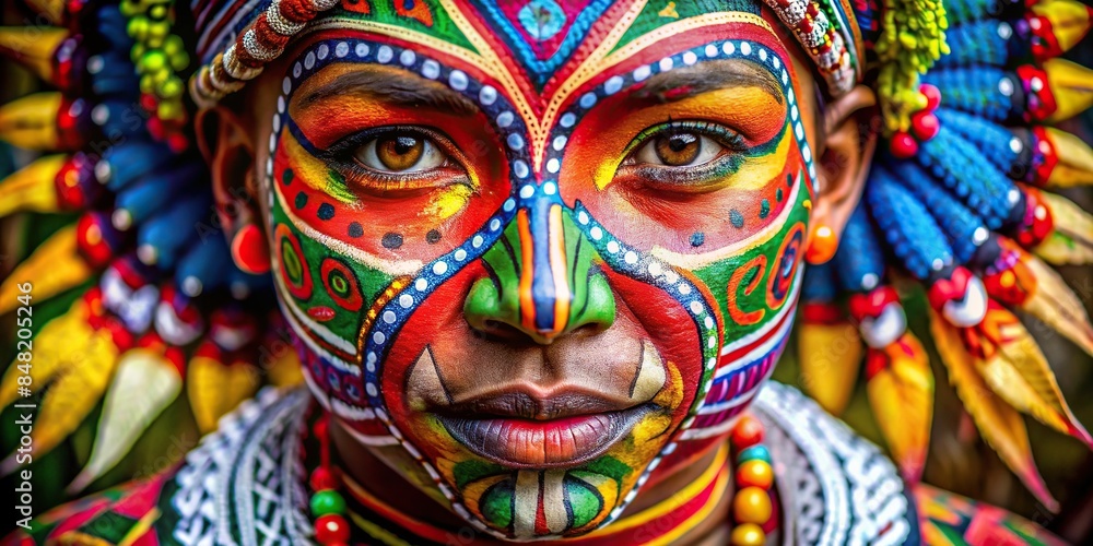 Vibrant face painting with intricate, colorful patterns highlighting the lively tribal and cultural artistry