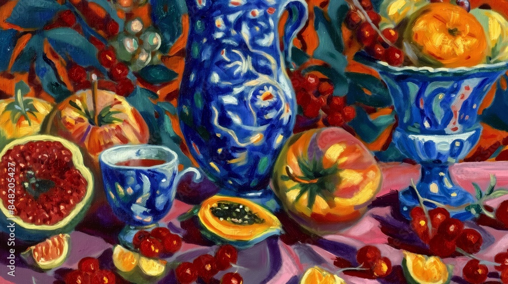 A colorful still life painting showcasing a vibrant arrangement of fruits and blue porcelain