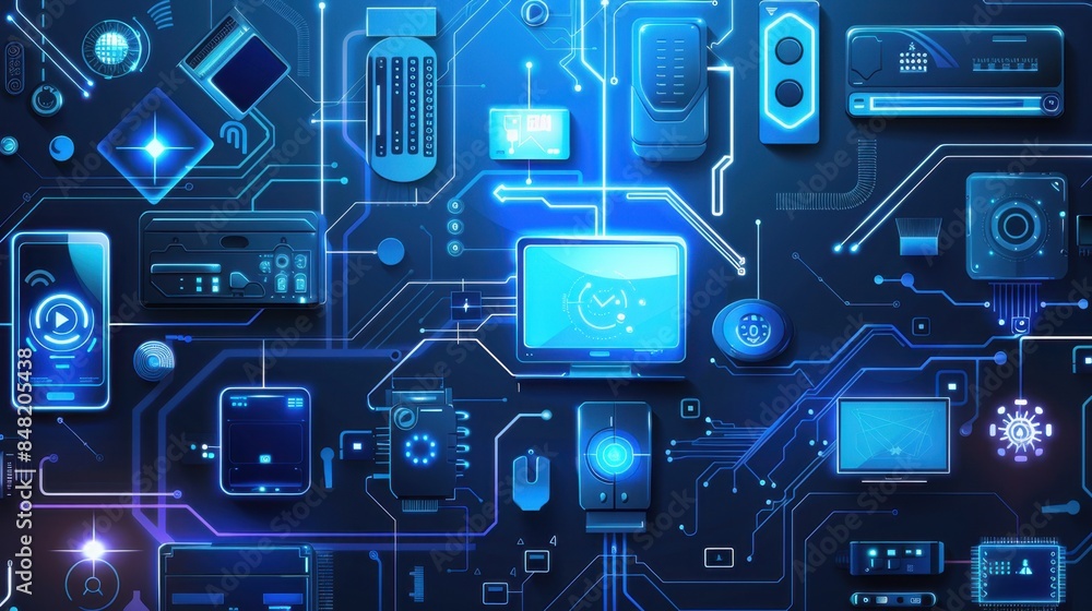 A set of smart home gadgets on a subtle circuit design background, showcasing advanced home technology. --ar 16:9 --style raw Job ID: 82e08615-907a-41a7-a3da-6e804051661f A set of smart home gadgets on a subtle circuit design background, showcasing advanced home technology. --ar 16:9 --style raw Job ID: 82e08615-907a-41a7-a3da-6e804051661f