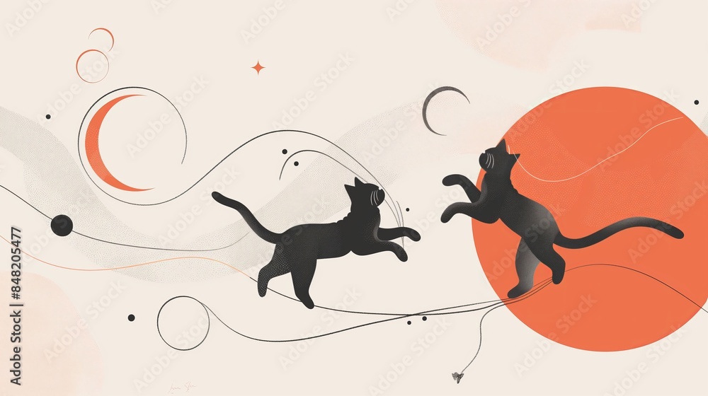 Fototapeta Minimalist vector art of playful black cats with crescent moon and orange orb in abstract background