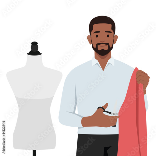 Young dressmaker designer holding scissors and cloth looking at the camera. Flat vector illustration isolated on white background