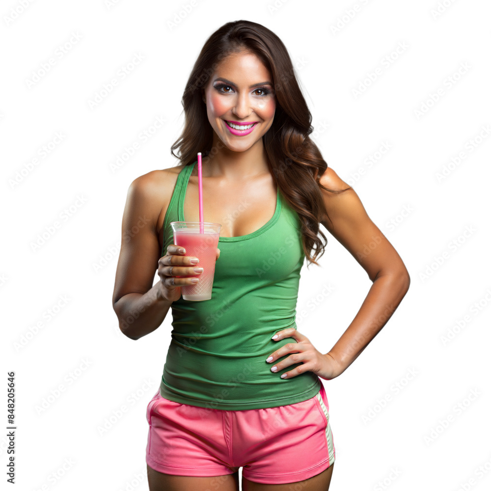 Smiling woman holding a pink smoothie on transparent background Smiling woman holding a pink smoothie on transparent background