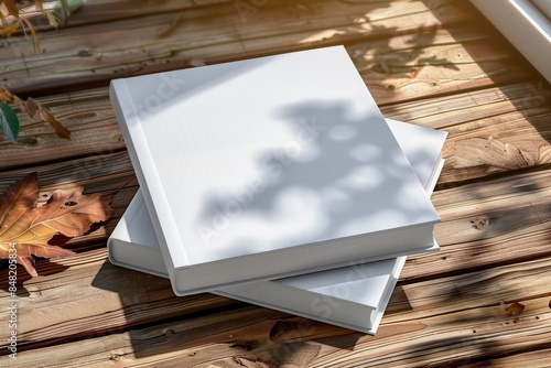 Two White Books Mockup with textured hardcover on wooden table outdoors. 3d rendering. generative ai. © SEUNGJIN