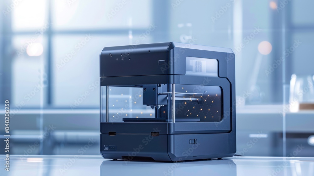 A state-of-the-art 3D printer with a compact design, presented on a clear background with low-poly patterns, highlighting its advanced capabilities 